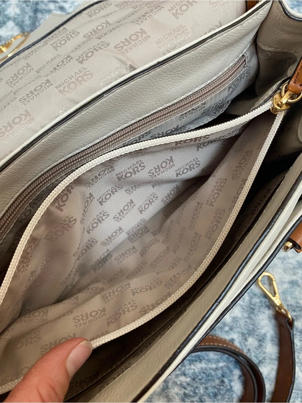 Michael Kors Cream & Tan Leather “Margo” Satchel w Attachable Shoulder Strap